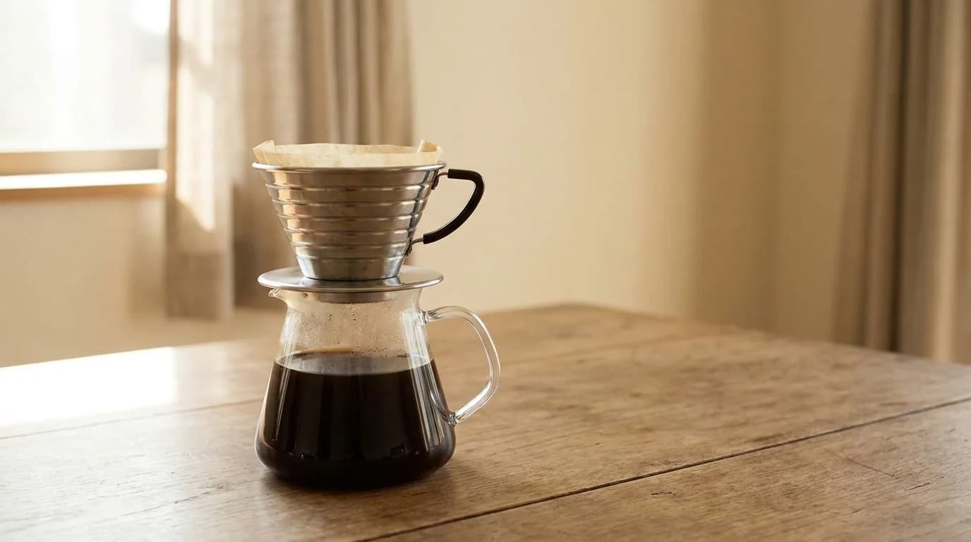 A stainless steel Kalita Wave dripper sitting on top of a clear glass carafe on a bare wooden surface, warm morning window light, minimalist composition