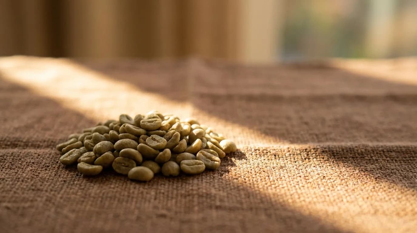 A small pile of large green unroasted coffee beans on a rough hand-woven textile with warm afternoon daylight, minimalist earthy composition