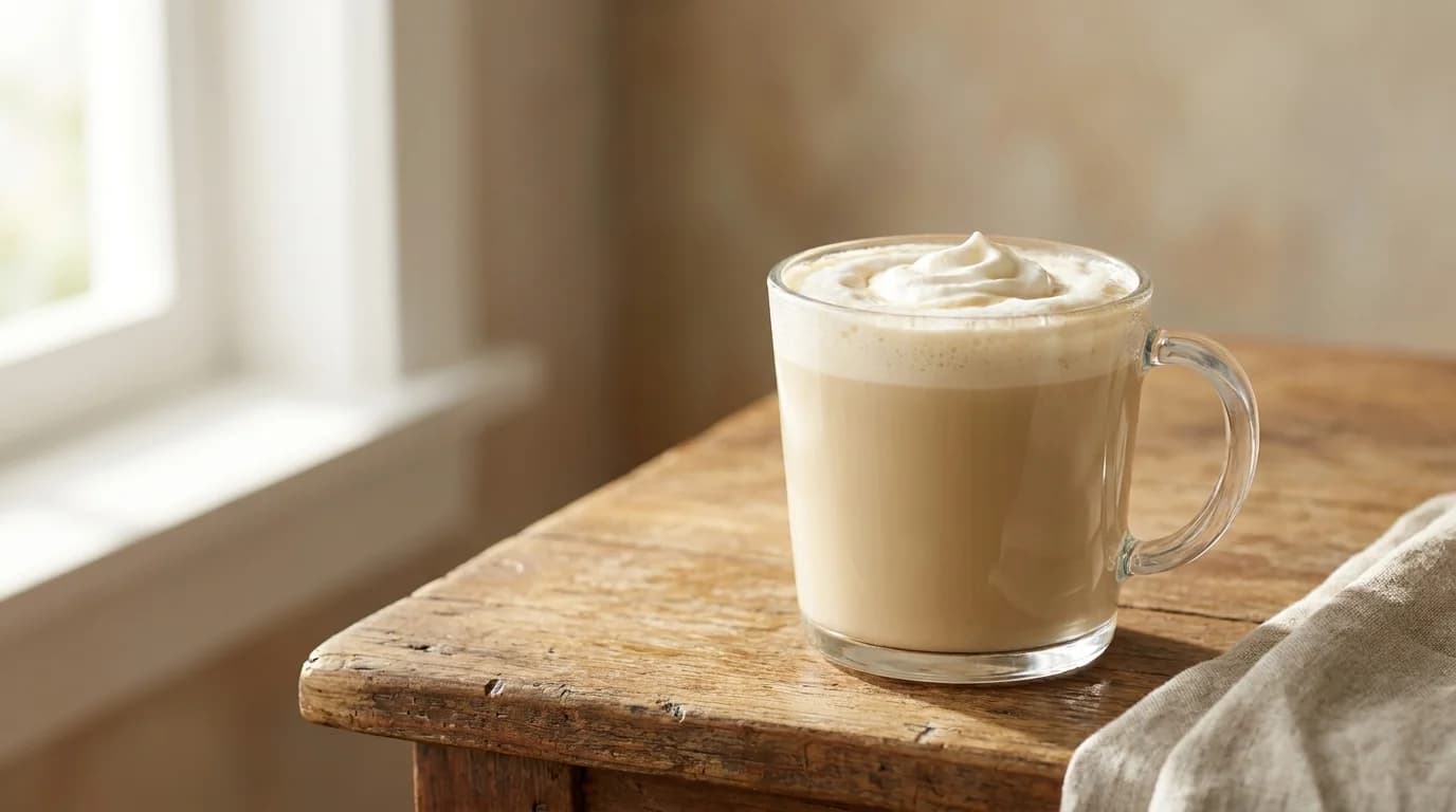A creamy pale-coloured coffee drink in a clear glass mug on a bare wooden surface with soft morning window light, minimalist composition