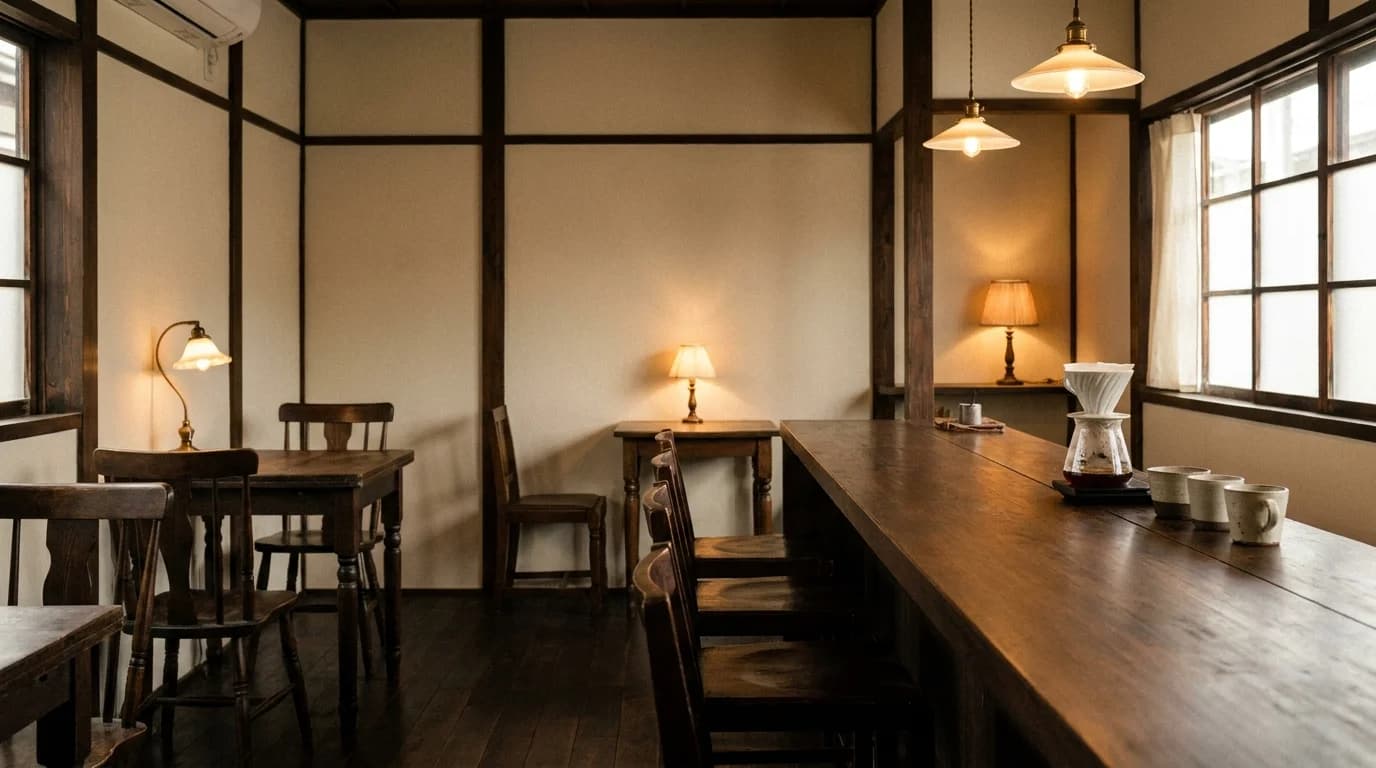 A quiet Japanese-style café interior with dark wood furniture, a ceramic pour-over dripper on a wooden bar, warm incandescent light, minimal vintage aesthetic, no people