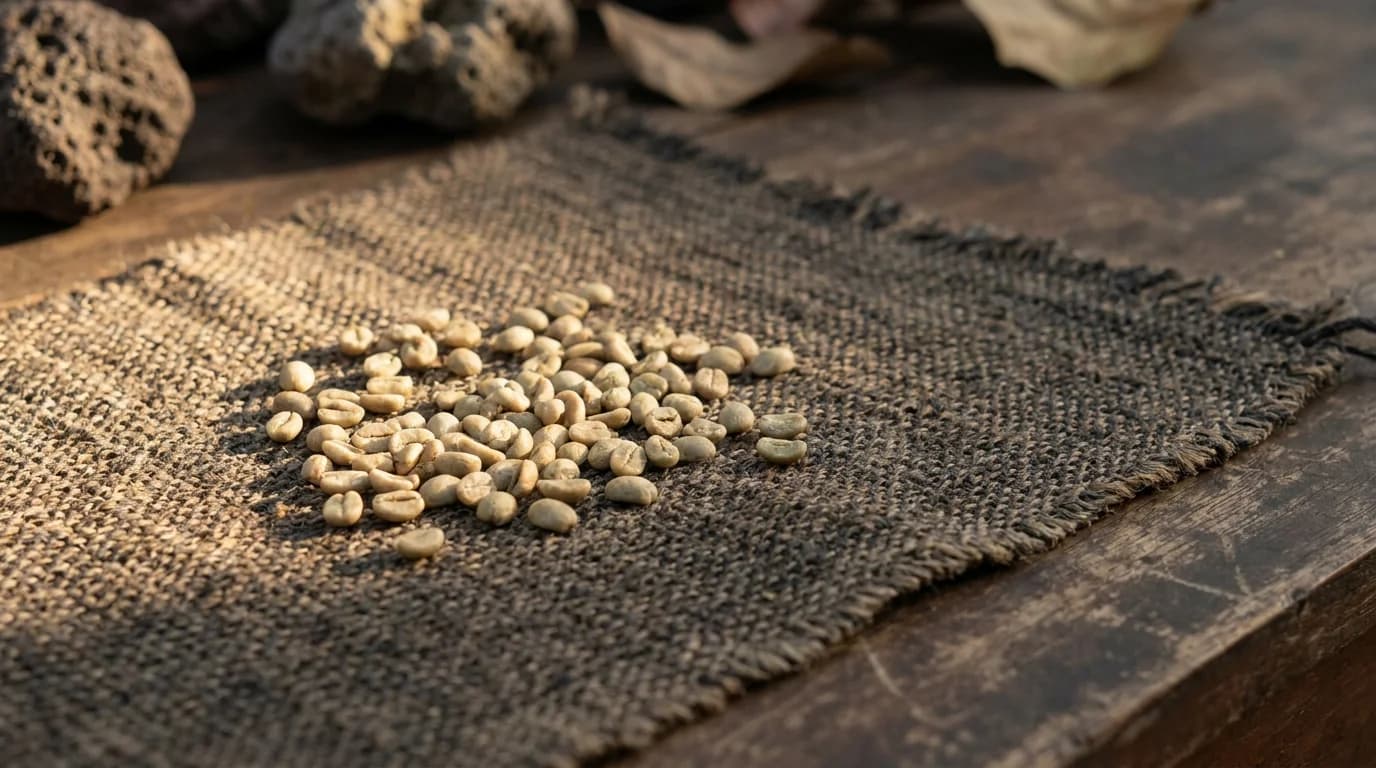 A small handful of green unroasted coffee beans on a rough hand-woven textile with warm afternoon daylight, minimalist earthy composition