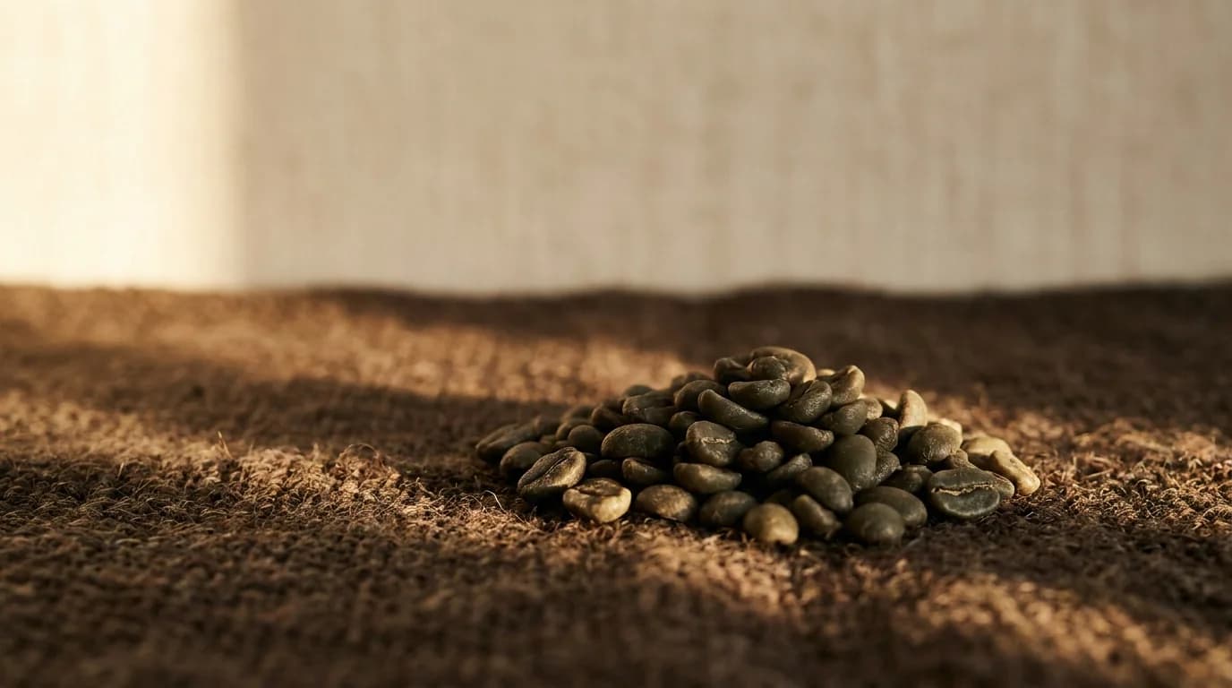 A small pile of dark unroasted coffee beans on a rough hand-woven brown textile with warm afternoon daylight, minimalist earthy composition