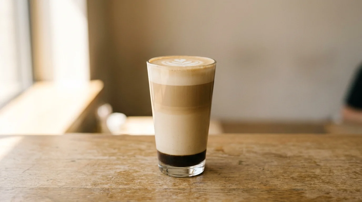A tall glass of latte with layers of dark espresso and pale steamed milk topped with microfoam and a simple rosetta latte art, on a wooden cafe bar, soft warm daylight
