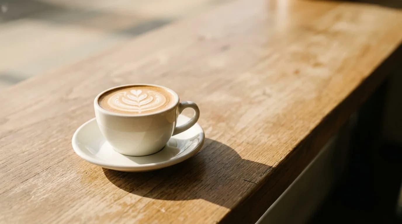 A single small white ceramic cup on a saucer holding a flat white with a detailed rosetta latte art pattern in the microfoam, on a wooden cafe bar, warm daylight from the side