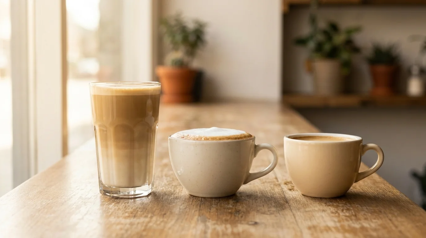 Three ceramic coffee cups of different sizes on a wooden cafe bar surface — a large latte glass, a medium cappuccino cup with visible foam, and a small flat white cup — soft warm daylight, minimalist composition