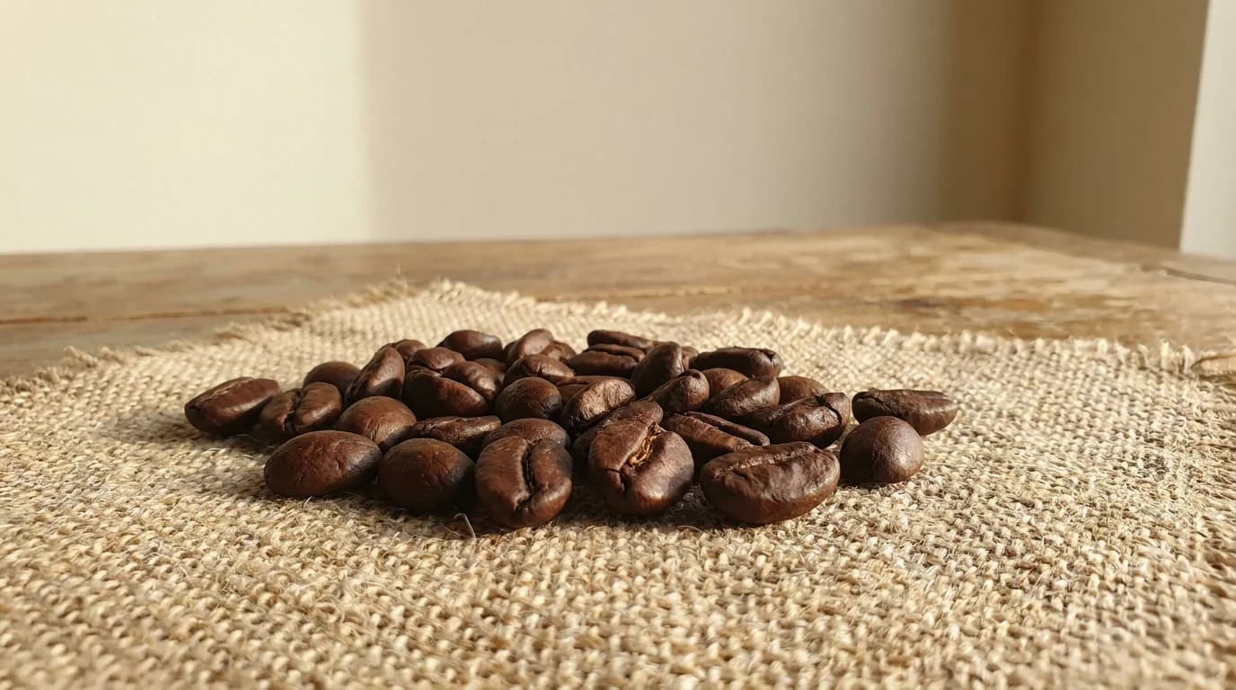 A small pile of large asymmetrical liberica coffee beans on a rough natural textile, warm afternoon daylight from the side, the beans visibly bigger and more irregular than typical arabica, minimalist composition
