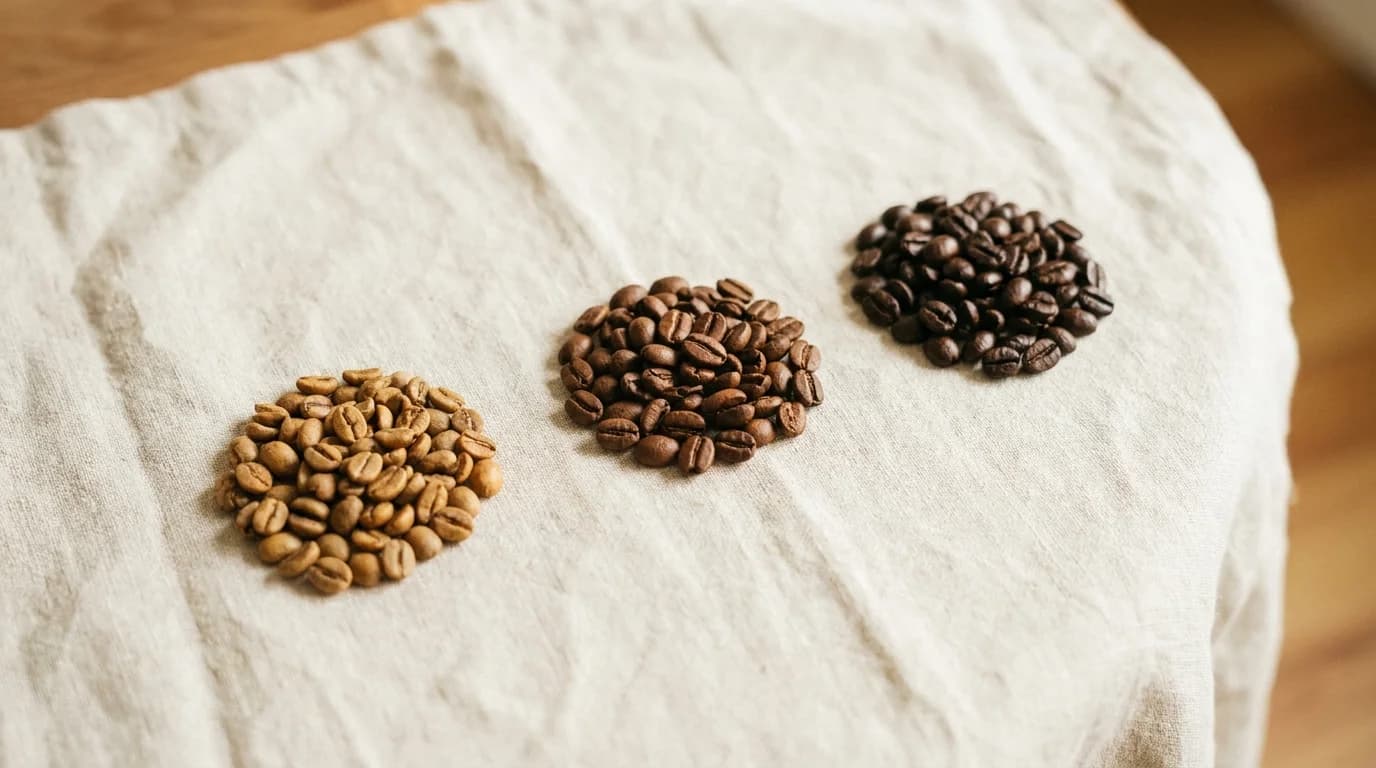Three small piles of roasted coffee beans on a bare linen surface — light golden-brown beans on the left, medium chestnut-brown in the middle, and dark oily-brown on the right — soft daylight from above showing the colour progression