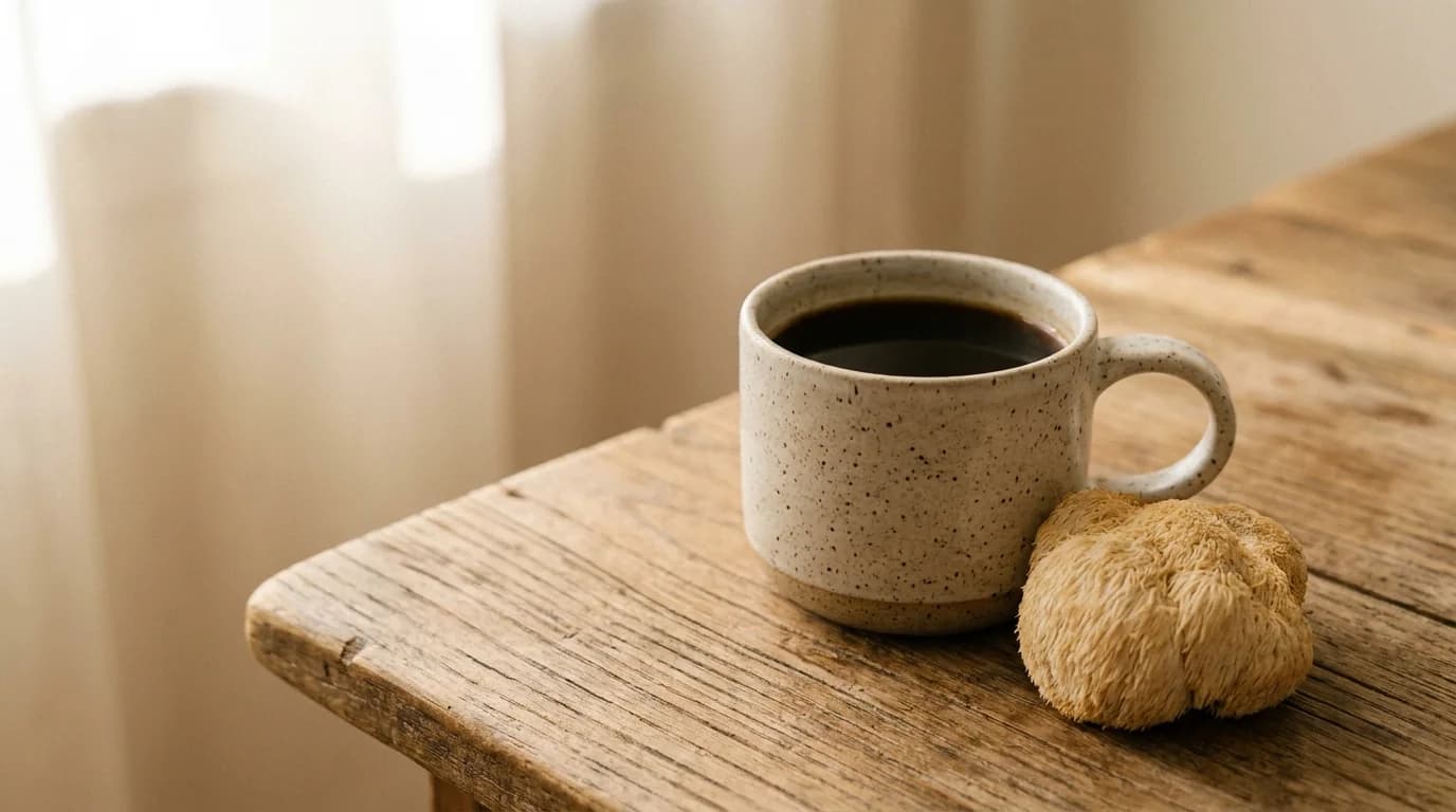 A speckled ceramic mug of black coffee on a rustic wooden surface with a whole dried lion's mane mushroom placed beside it, soft warm daylight, minimalist composition