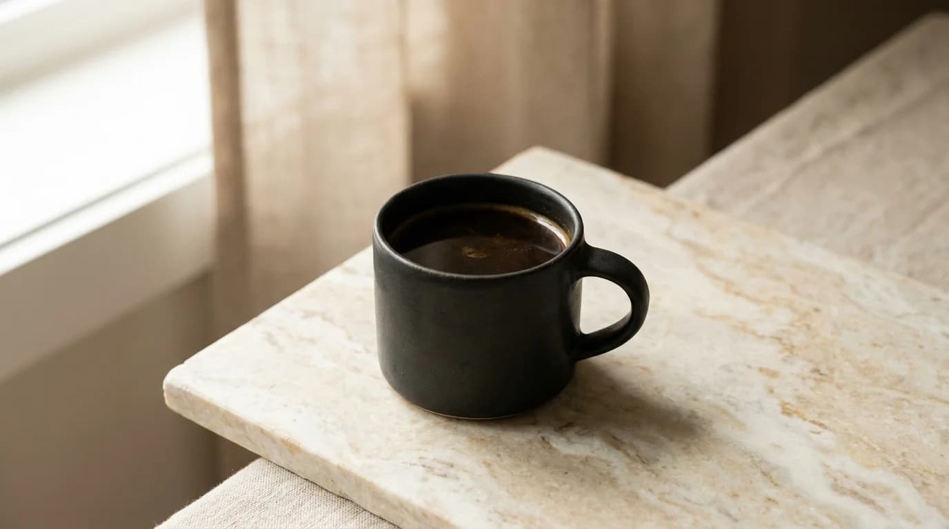 A dark ceramic mug of very dark roast coffee on a pale marble surface, clean minimal composition, soft neutral light