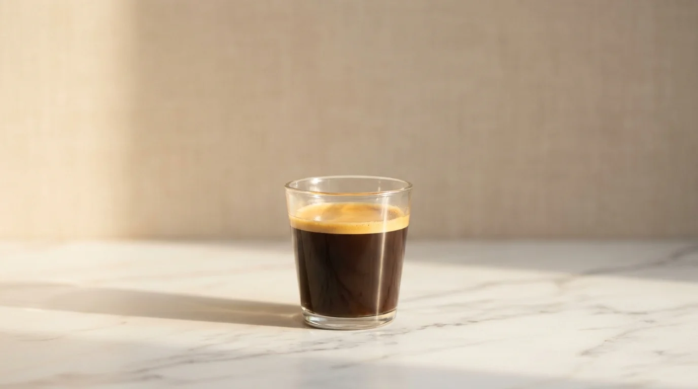 A single small glass of lungo espresso on a white marble surface, amber-gold crema slightly thinner than standard espresso, warm side lighting, clean minimal composition