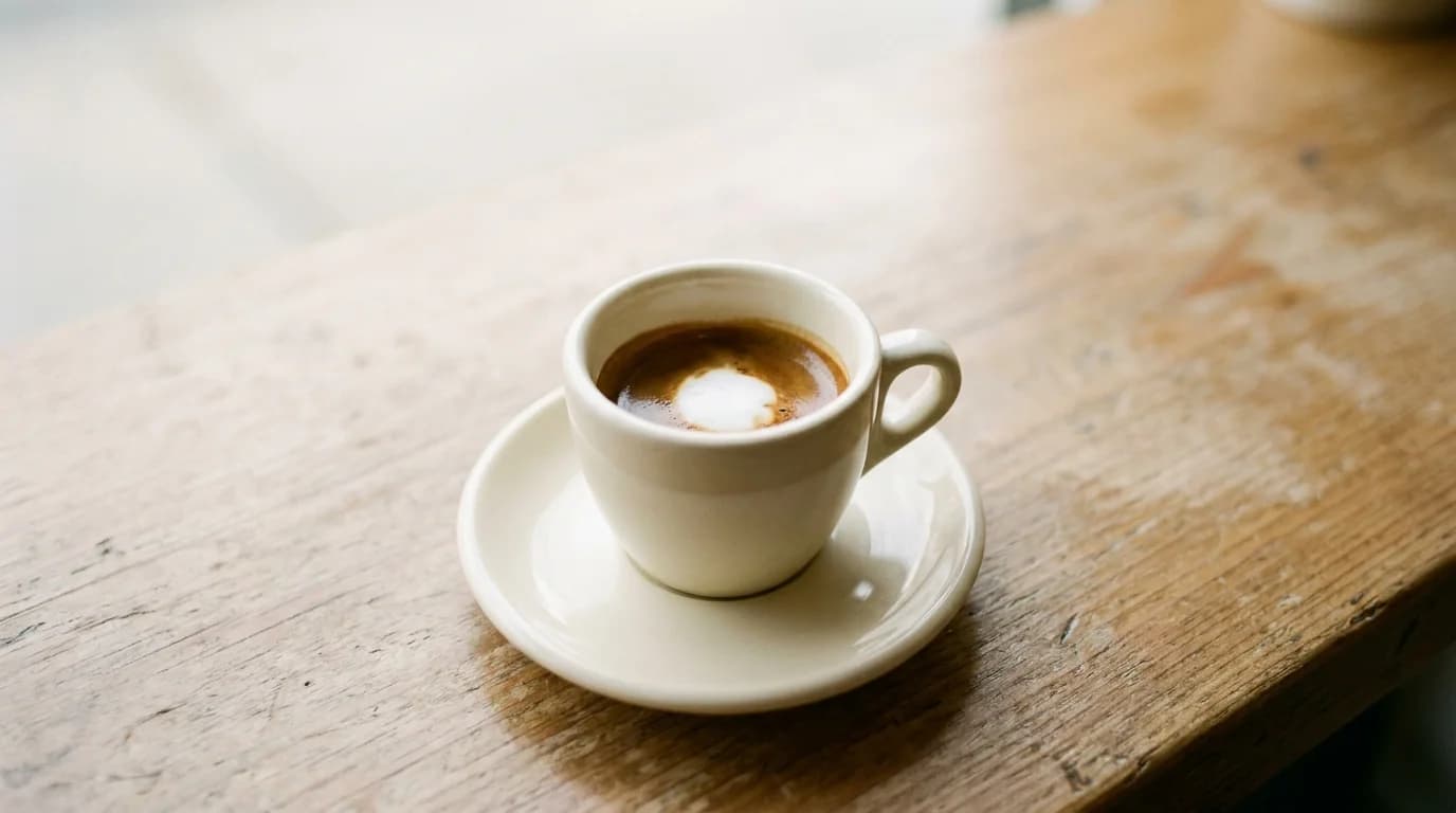 A small white ceramic espresso cup on a saucer holding a shot of espresso with a small dollop of white foamed milk on top, on a wooden cafe bar, soft warm daylight