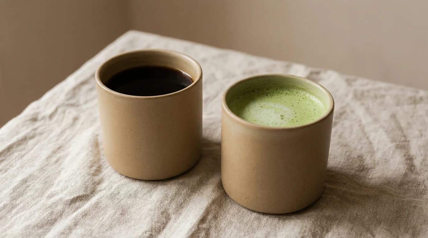 Two small ceramic cups side by side on a linen surface — one holding dark black coffee, the other holding vivid green matcha — soft natural light