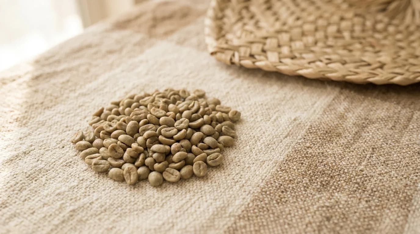 A small handful of green unroasted coffee beans on a rough natural textile with warm afternoon daylight from the left, minimalist earthy composition, nothing else in frame