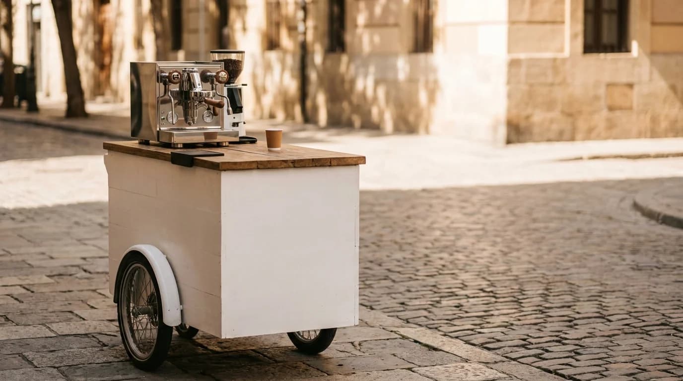 A small white mobile coffee cart with a commercial espresso machine on a wooden countertop, parked on a sunny urban sidewalk, clean minimal styling, soft morning light