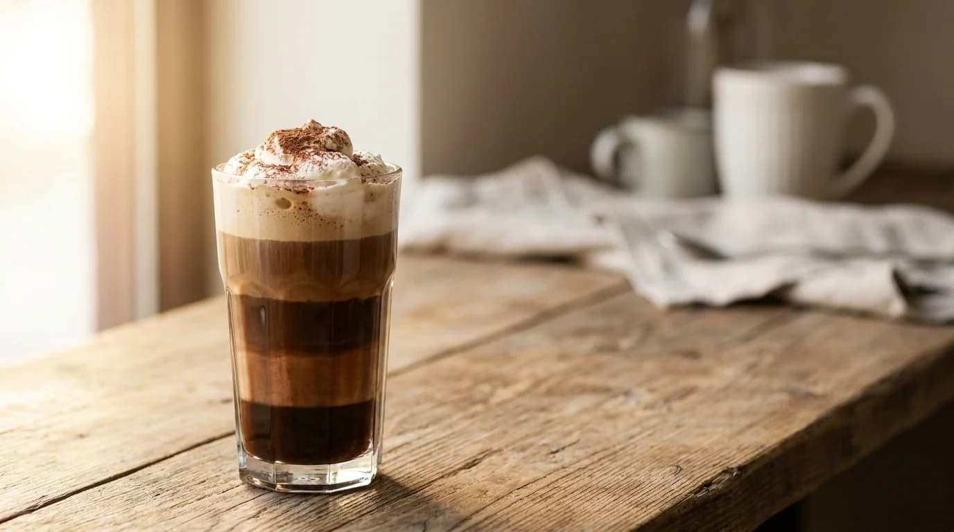 A tall clear glass of mocha coffee showing dark chocolate espresso and milk layers topped with whipped cream and cocoa powder, on a wooden cafe bar, warm daylight