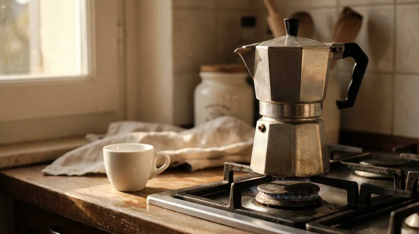 A classic aluminium Bialetti-style moka pot on a stovetop with a small white espresso cup beside it, warm morning light, minimalist composition