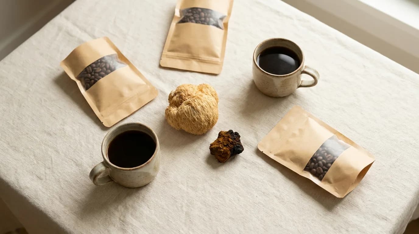 Top-down view of several plain kraft-paper coffee pouches and two ceramic mugs of black coffee on a linen surface, with a whole dried lion's mane mushroom and a piece of chaga placed between them