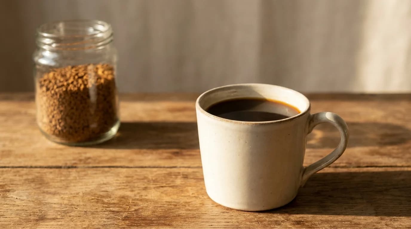 A single vintage-style white ceramic mug of dark coffee on a bare wooden surface with a plain unlabelled glass jar of freeze-dried instant coffee granules in soft focus beside it, warm afternoon daylight
