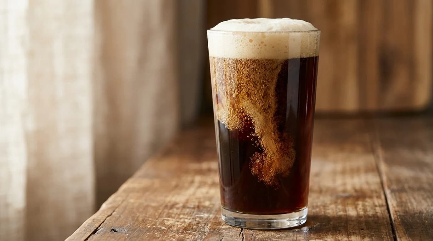 A tall clear glass of dark nitro cold brew coffee on a wooden bar surface, a thick creamy cascade of tiny bubbles visible sinking through the dark liquid, soft side-lighting