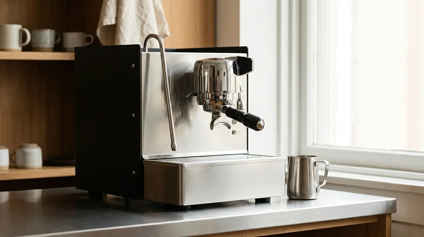 A compact black and stainless commercial espresso machine with a single chrome group and a tall steam wand on a stainless counter, a steel milk pitcher beside it, even daylight