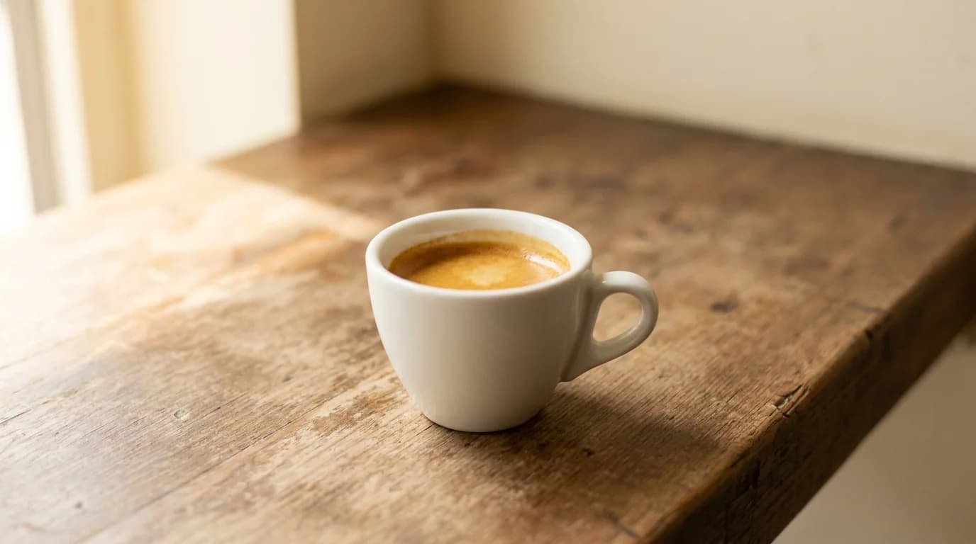 A single small white ceramic espresso cup holding a dark shot with a golden-brown crema layer, on a bare wooden bar surface, soft warm daylight, minimalist composition