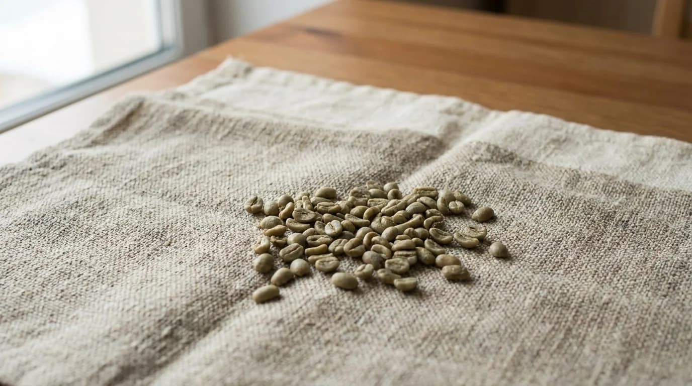 A small handful of long slender green unroasted coffee beans on a rough hand-woven textile with warm daylight, minimalist earthy composition