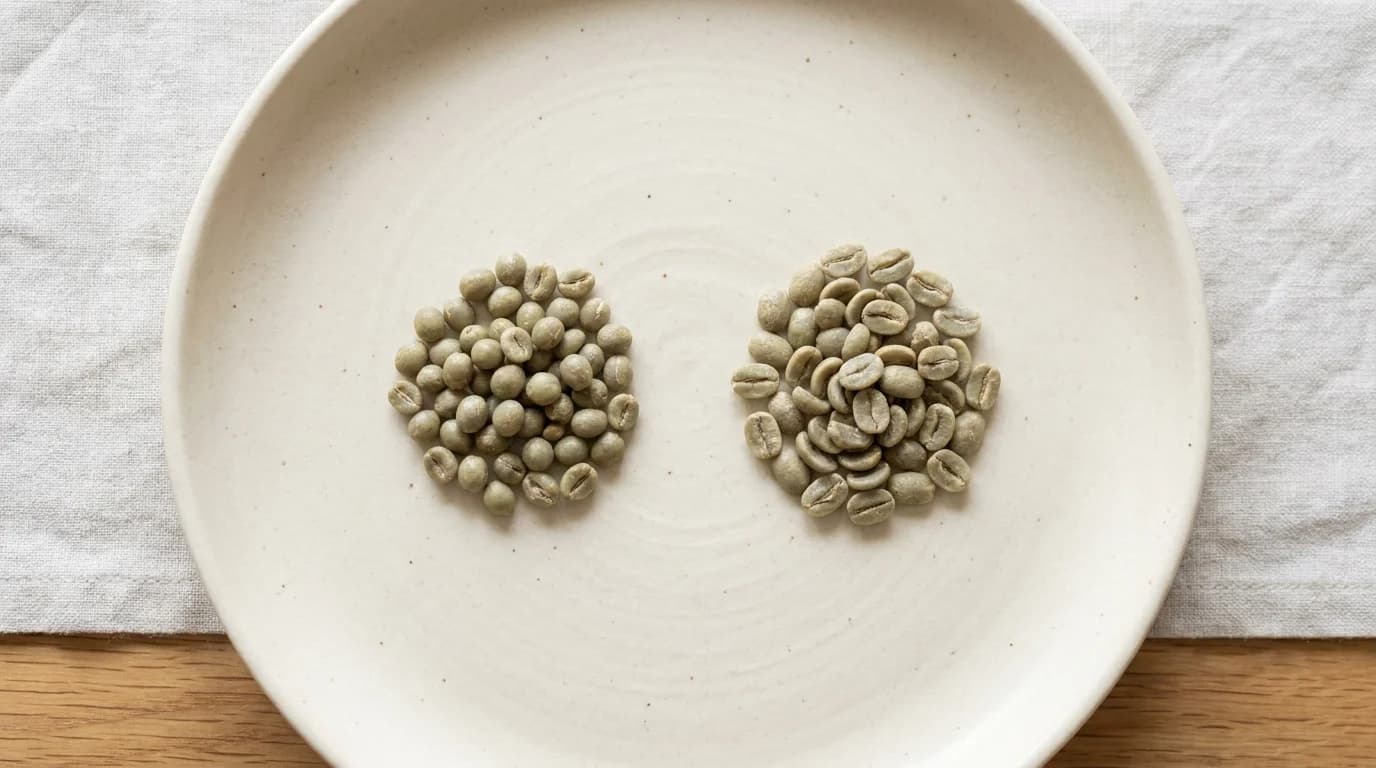 A close-up top-down view of a small pile of round peaberry coffee beans beside a small pile of regular flat coffee beans on a matte cream ceramic plate, soft directional daylight showing the shape difference, minimalist editorial composition