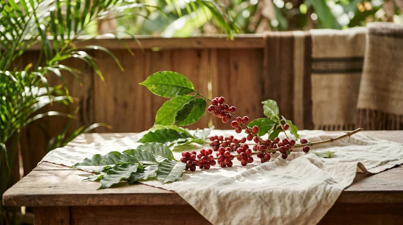 Coffee cherries on branches with broad green leaves in dappled tropical highland light, warm red and green tones, minimal composition