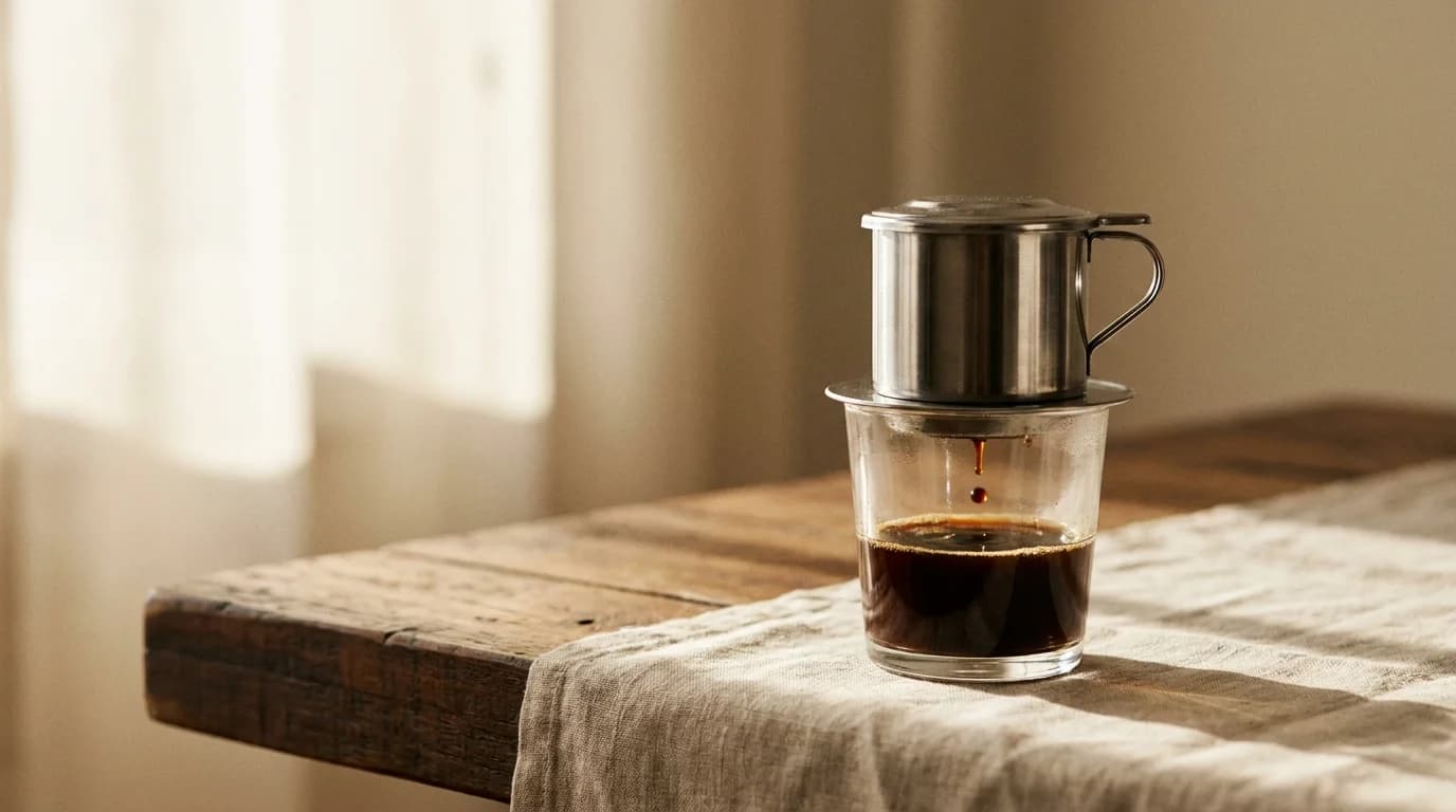A small stainless steel phin filter resting on top of a short glass of dark coffee, slow dark drops visible dripping through, soft warm side light, minimal composition