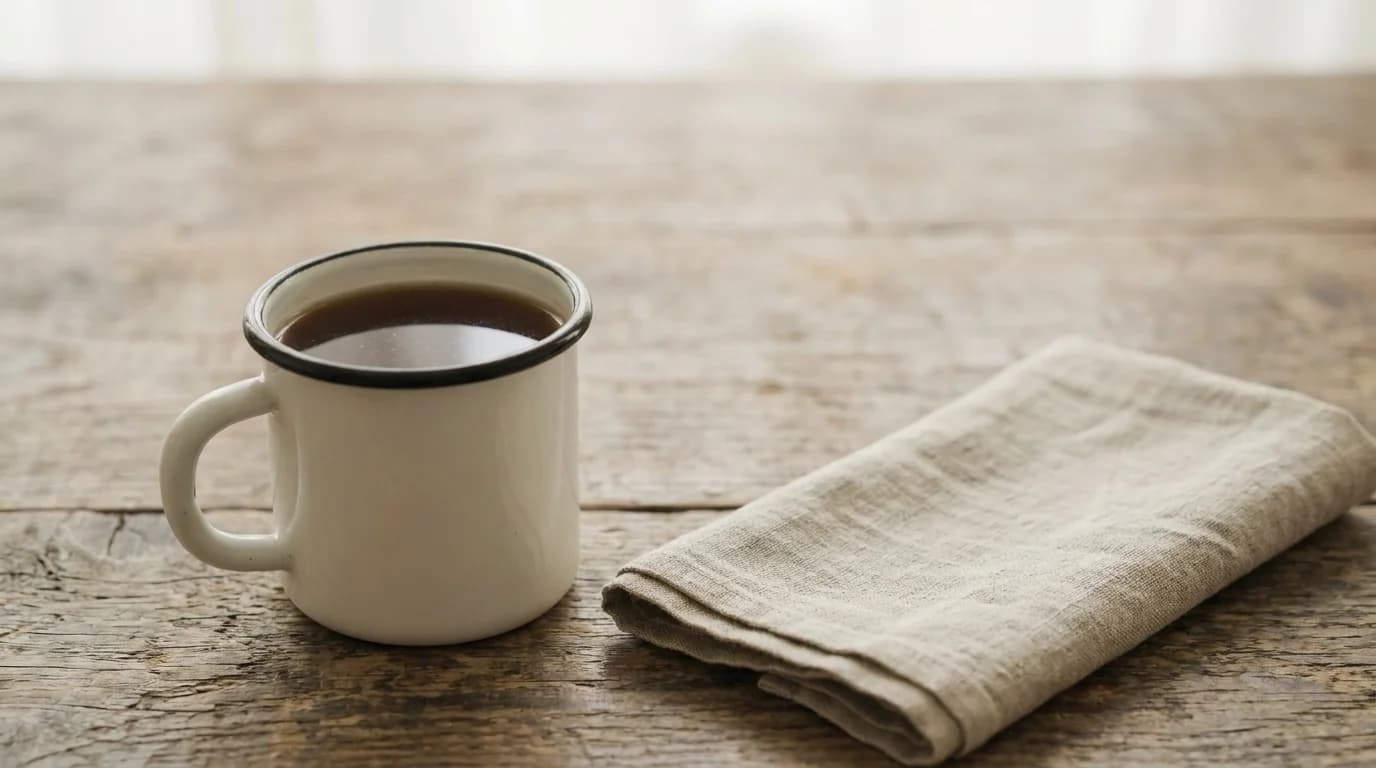 A white enamel mug of dark grain-coffee beverage on a bare wooden table with a folded linen napkin beside it, quiet vintage-feeling composition, soft daylight