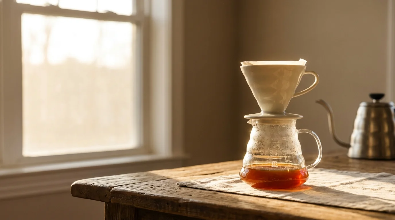 A ceramic pour-over dripper sitting on top of a clear glass carafe on a wooden surface, warm morning window light from the left, minimalist composition