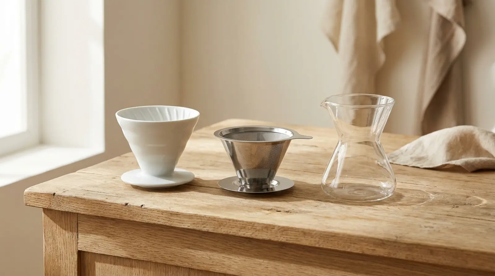 Three empty coffee drippers side by side on a wooden counter in soft side light: a white ceramic cone, a flat-bottomed metal dripper, and a glass hourglass carafe