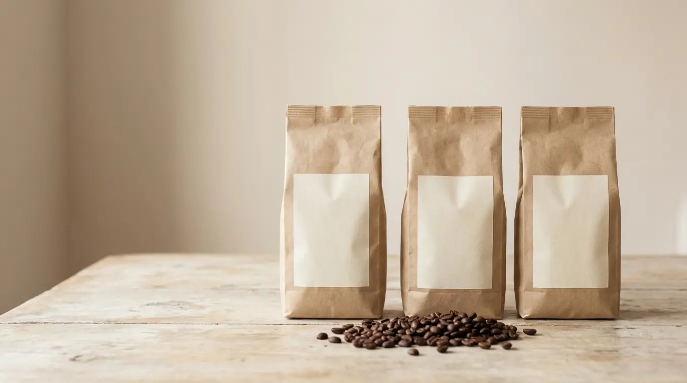 Three identical plain kraft coffee bags with blank unprinted labels standing in a row on a pale wooden table, a small pile of roasted beans in front of them, soft daylight
