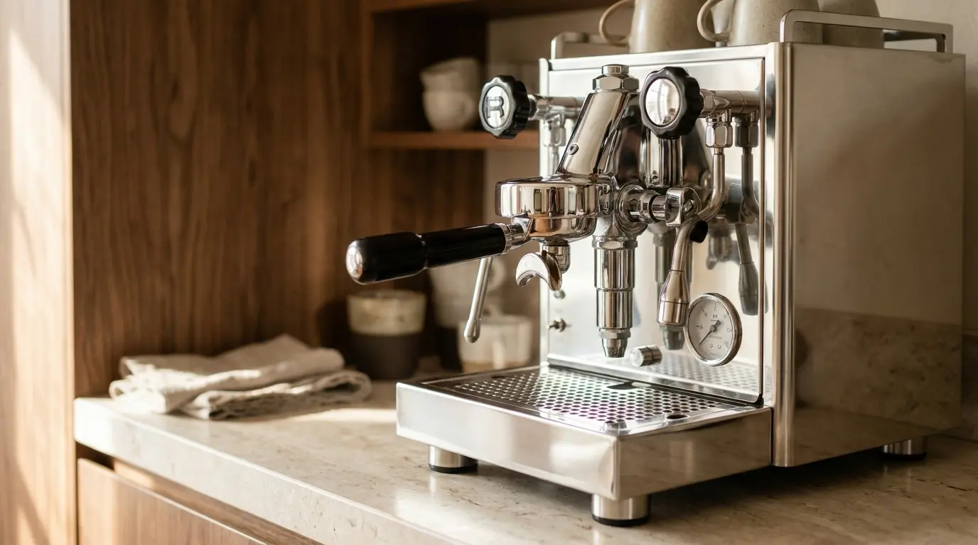 A polished stainless espresso machine with a chrome E61 group head and a pressure gauge on a pale stone counter, portafilter locked in, soft side light and warm wood behind
