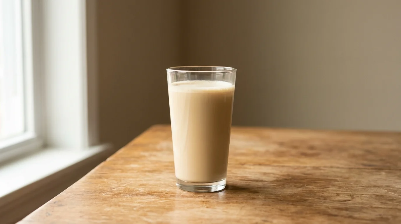 A tall glass of pale creamy coffee-and-protein drink on a bare wooden surface with soft morning window light, minimalist composition