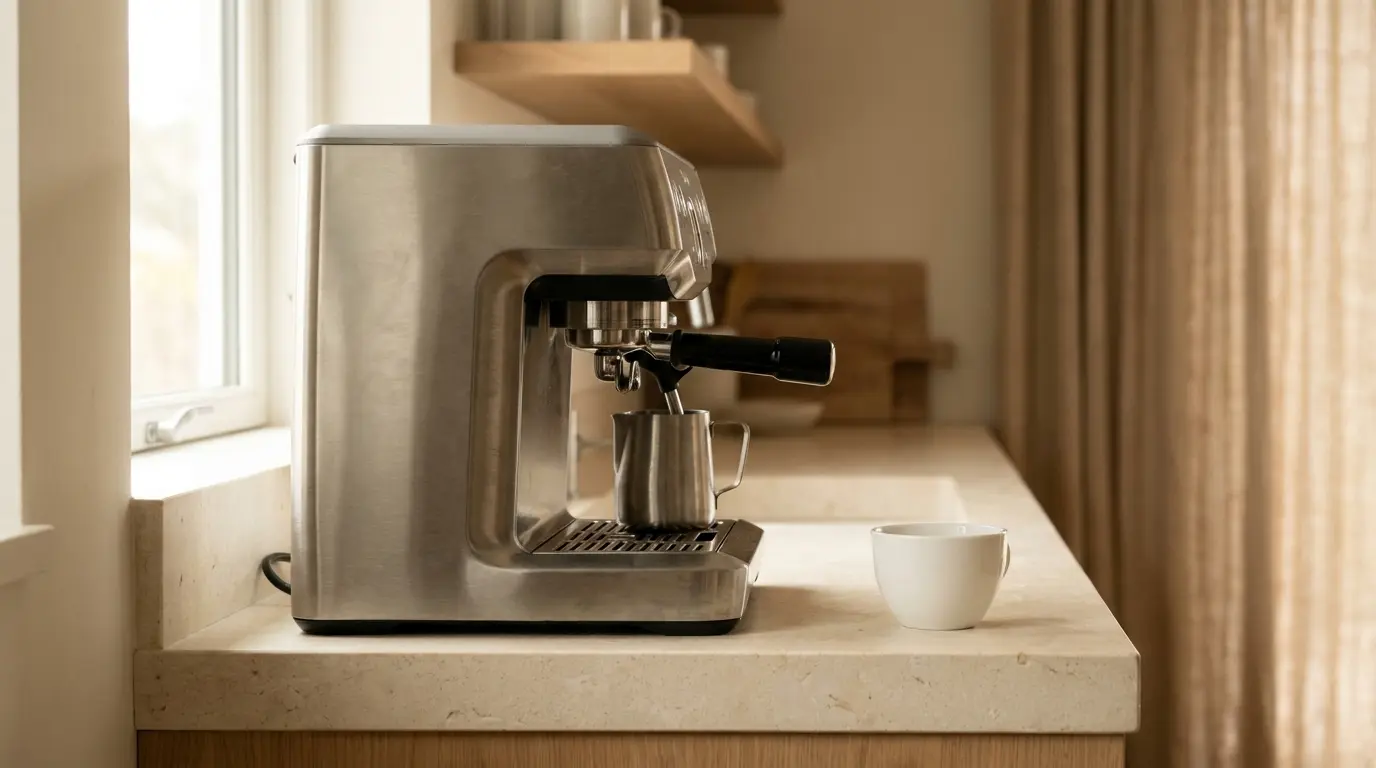 A heavy brushed-stainless espresso machine with a black portafilter handle on a pale stone counter, steam wand angled over a small steel milk pitcher, soft morning window light