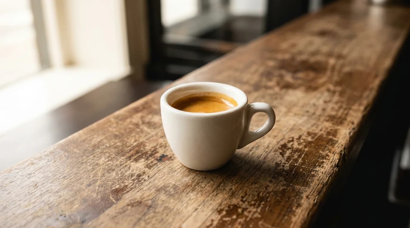 A tiny white ceramic espresso cup holding a dark ristretto shot with a thick golden-brown crema, on a worn wooden cafe bar, soft warm morning light from the side