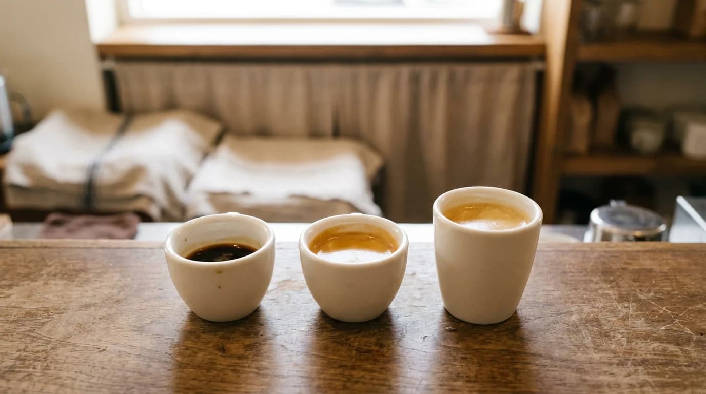 Three small white ceramic espresso cups side by side on a wooden bar surface — a small ristretto shot on the left, a standard espresso in the middle with visible crema, and a taller lungo on the right — soft warm daylight