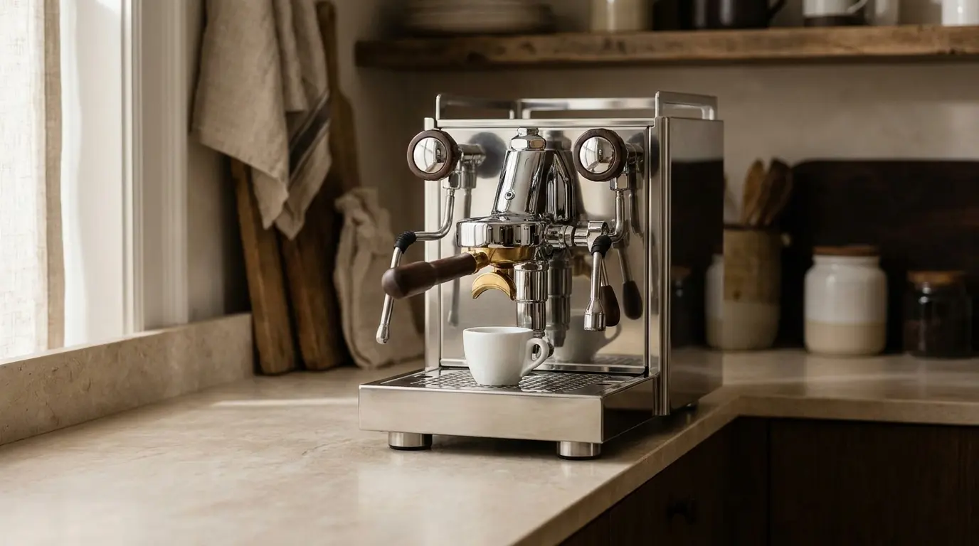 A compact polished stainless espresso machine with a chrome E61 group head and wooden-tipped levers on a pale stone counter, soft side light, a single espresso cup beneath the portafilter
