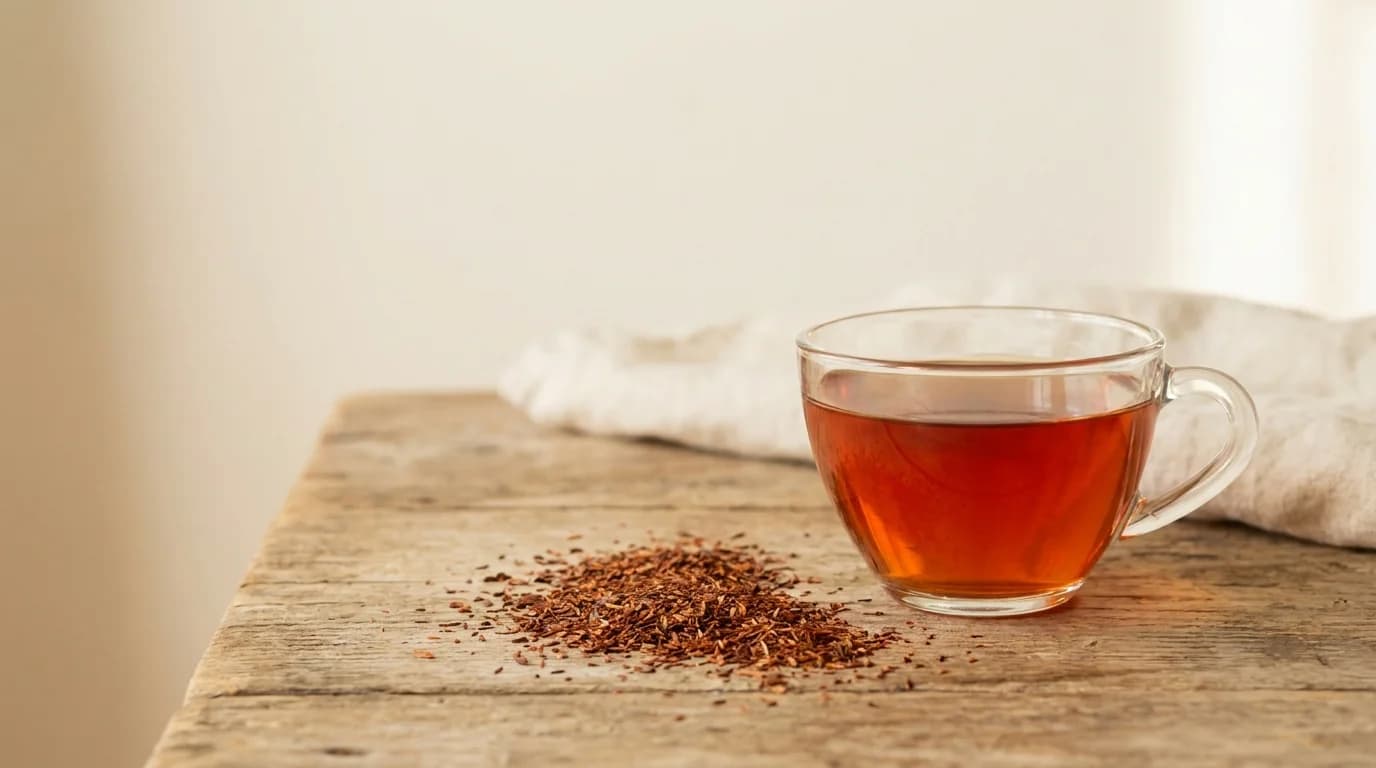 A clear glass teacup filled with vivid red-orange rooibos tea on a bare wooden surface with a small pile of loose dried rooibos leaves scattered nearby, soft warm afternoon light