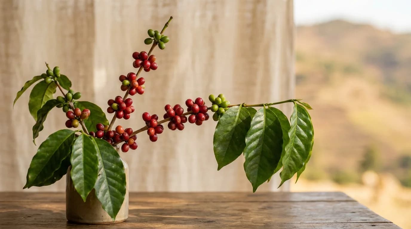Coffee cherries on branches in a highland African setting, red and green cherries, large green leaves, soft dappled light, warm tones, minimal composition