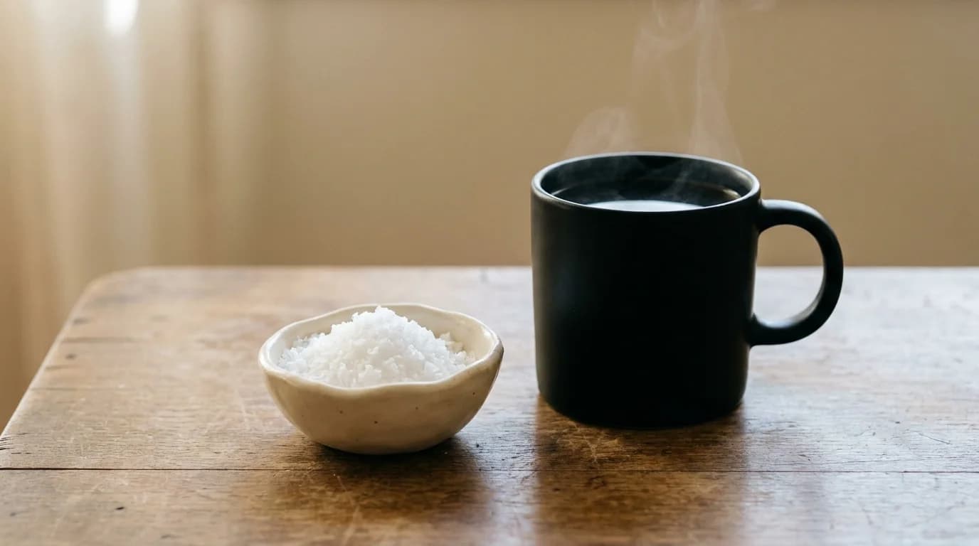 A small ceramic pinch bowl of flaky sea salt beside a black ceramic mug of coffee on a wooden surface, soft natural light, minimalist composition