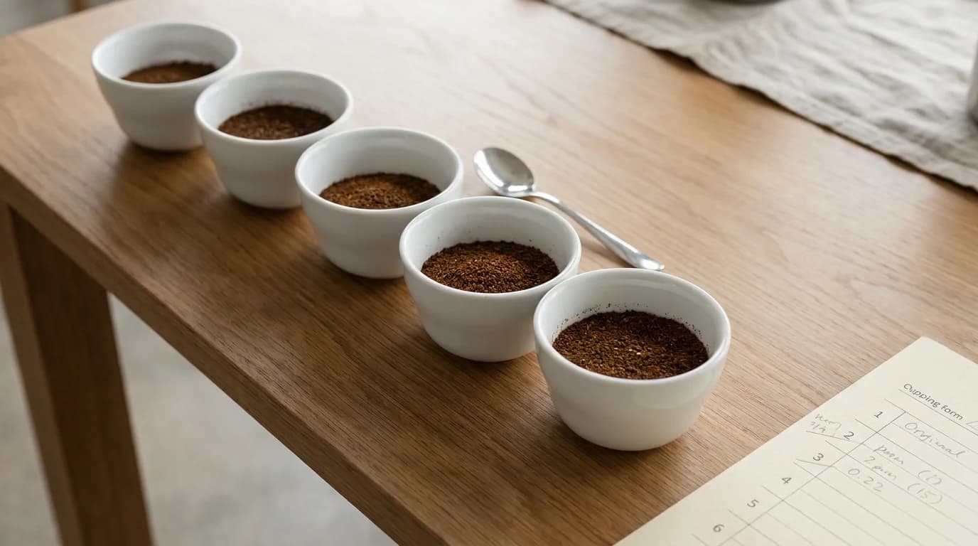 A coffee professional writing in a cupping form at a professional cupping table with multiple cupping bowls arranged in a row, professional café environment, clean minimal photography