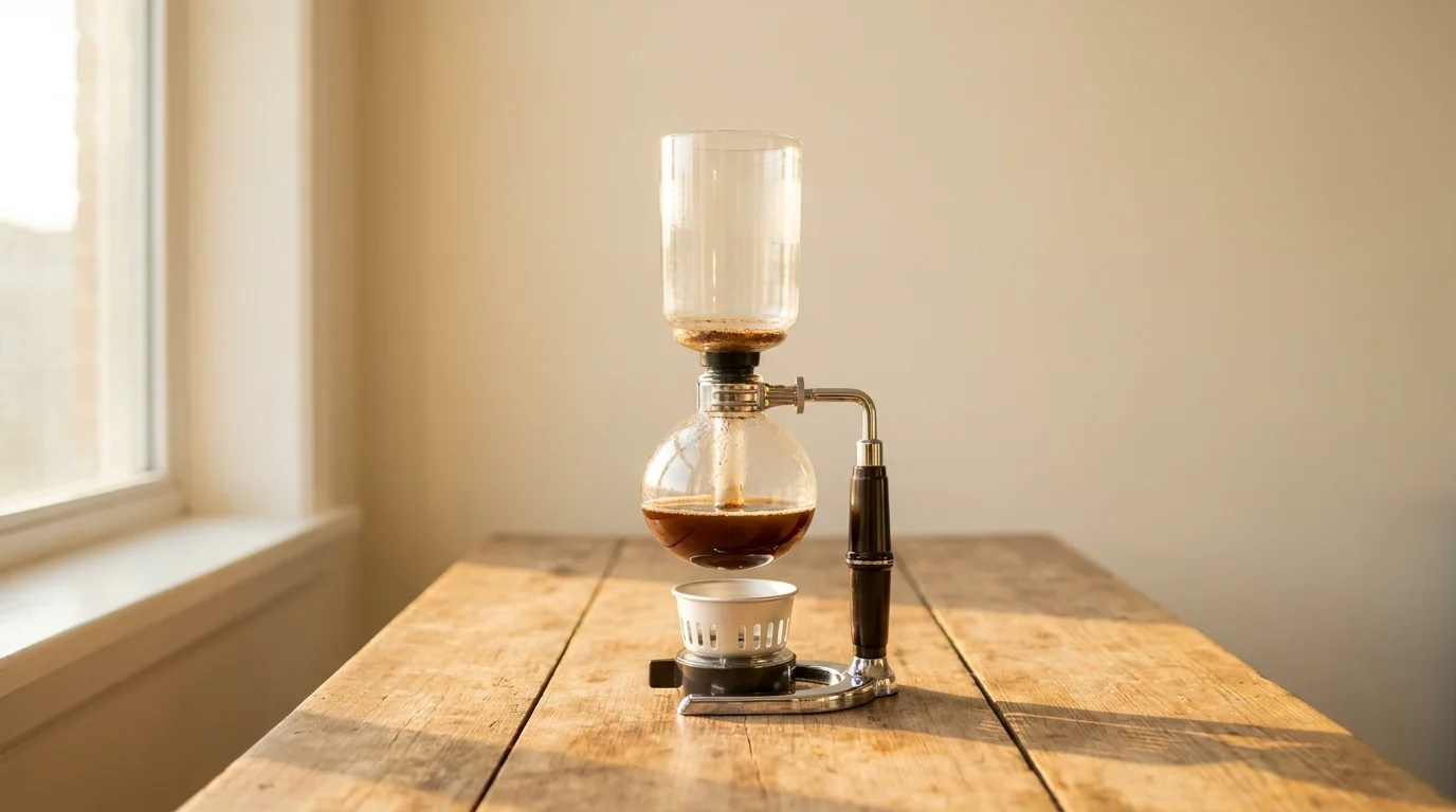 A glass siphon coffee brewer with two connected chambers on a wooden surface, warm afternoon light, minimalist composition