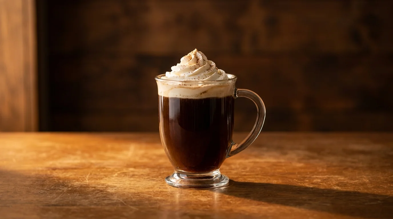 A footed heat-safe glass on a wooden bar surface holding dark coffee topped with a distinctive layer of whipped cream and a sprinkle of cinnamon, warm evening light