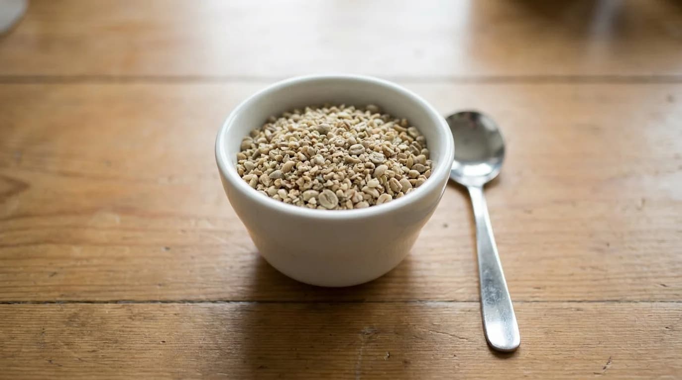 A small ceramic cupping bowl of freshly ground light-roast coffee on a wooden cupping table, a cupping spoon resting beside it, soft professional lab lighting, minimalist composition
