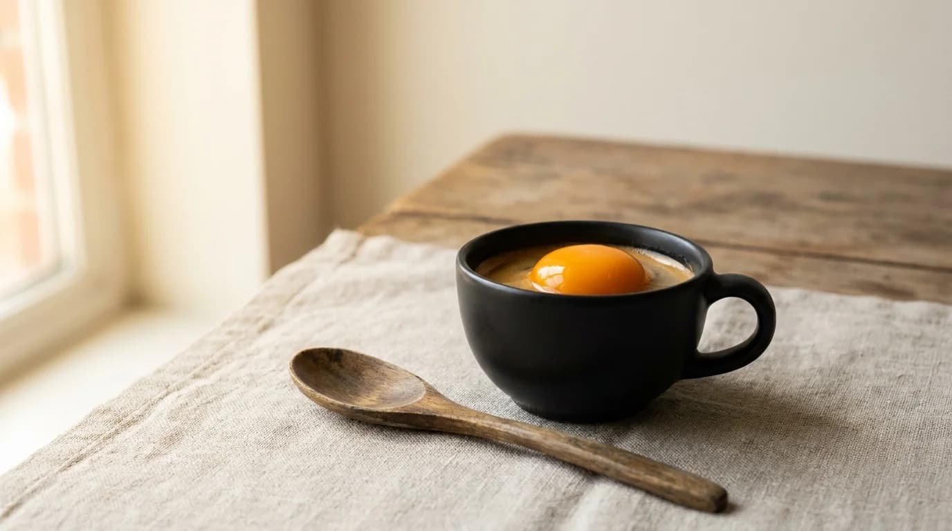 A small black ceramic cup of espresso with an intact egg yolk resting upright on the dark coffee surface, soft side window light, minimal composition