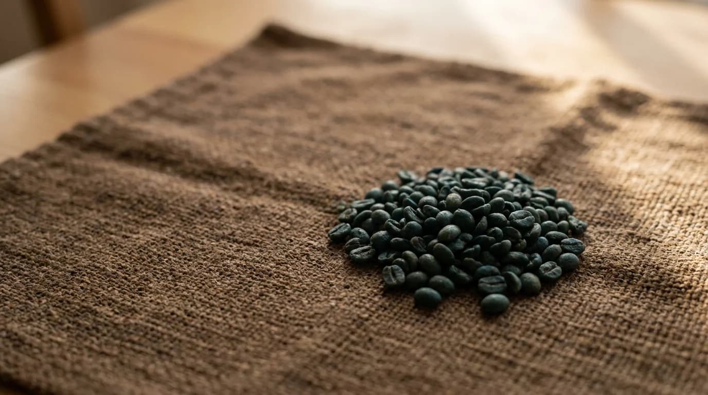 A small pile of green unroasted coffee beans on a rough hand-woven brown textile with warm afternoon daylight, minimalist earthy composition