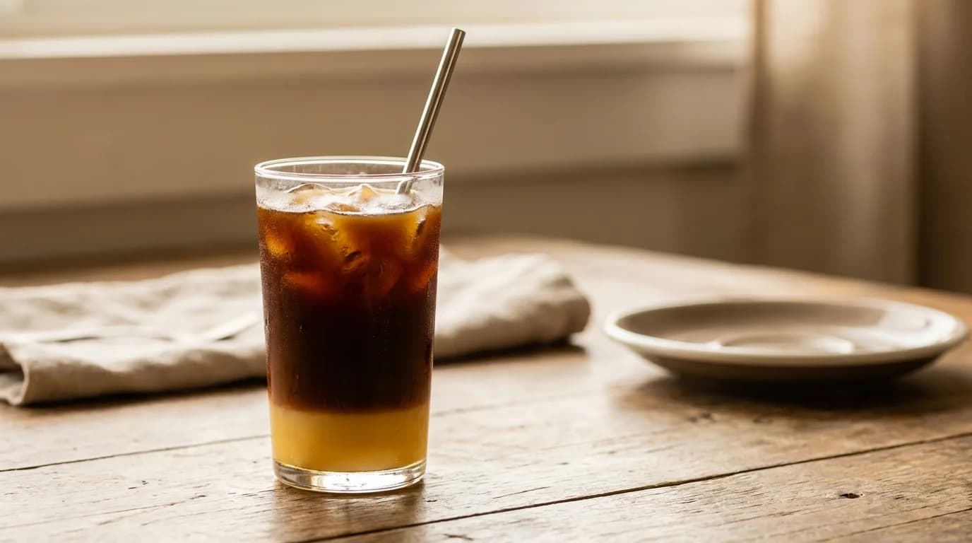 A tall glass of iced coffee with a golden layer of condensed milk visible at the bottom, dark coffee above, condensation on the glass, soft warm light, minimal composition