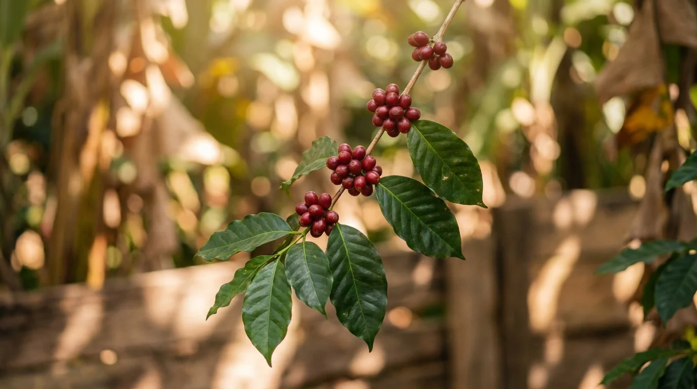 A close-up of a coffee branch with clusters of ripe red coffee cherries among deep green glossy leaves, soft dappled sunlight filtering through a tropical canopy